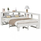 VidaXL Pat cu bibliotecă fără saltea, alb, 135x190 cm, lemn masiv pin 3324554