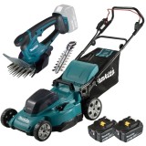 Makita DLM480CT2 + DUM604ZX - Masina de tuns iarba cu 2 acumulatori Li-Ion 18 V 5 Ah 48 cm 62 l + Masina de tuns gard viu 20 cm accesorii