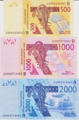 Bancnota Benin (W.A.S.) 500, 1.000 si 2.000 Franci 2022 - UNC ( set x3 ) foto