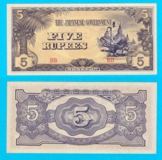 Burma (p#15) 5 Rupees 1942 UNC &#039;Ocupaţia Japoneză&#039; serie: BB