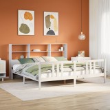 Cumpara ieftin Pat cu bibliotecă fără saltea, alb, 200x200 cm, lemn masiv pin