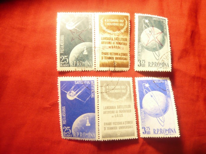 2 Serii mici RPR 1957 si 1958 Cosmos cu si fara supratipar , 2x2timbre +2 vignet