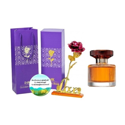 Set complet pentru Ea, parfum de femei Amber Elixir 50 ml, insotit de insigna Dactylion cu mesaj motivational, si un trandafir rosu cadou suflat la ba foto