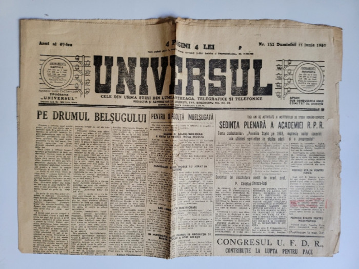 Ziar Vechi Universul Bucuresti nr. 132 duminica 11 iunie 1950