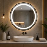 Oglinda baie LED rotunda 80 cm, anti-aburire, lumina reglabila, neagra