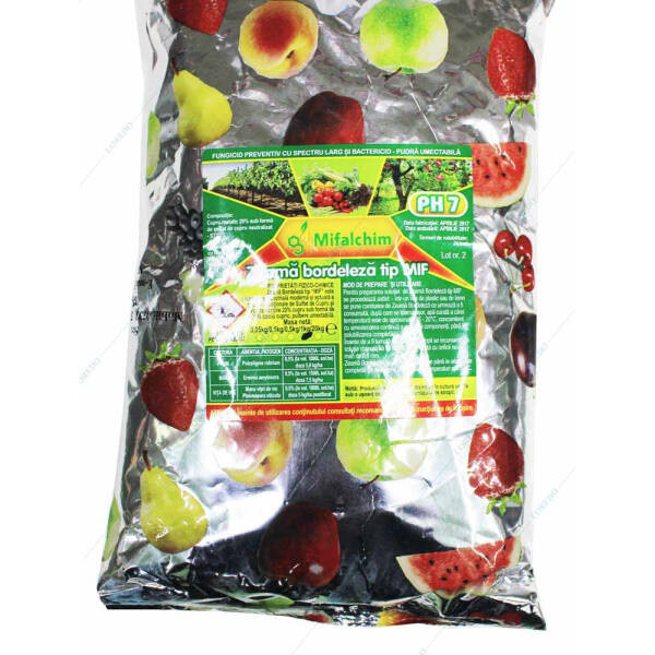 Zeama Bordeleza tip MIF 1 kg, fungicid de contact cupric, Mifalchim, mana (vita de vie, castraveti, tomate, ceapa), rapan (mar, par), monilioza (prun,