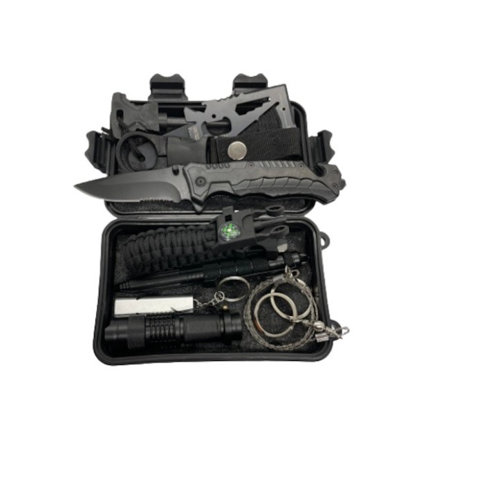 Kit de supravietuire, multifunctional, 9in1, ideal pentru pentru camping, drumetii, 11 x 16.5 x 5 cm, negru