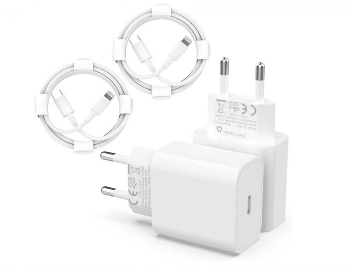 Set 1 Incarcator Fast Charger USB C iPhone 25 W + 2x Cablu de incarcare iPhone Certificat Apple MFi - RESIGILAT