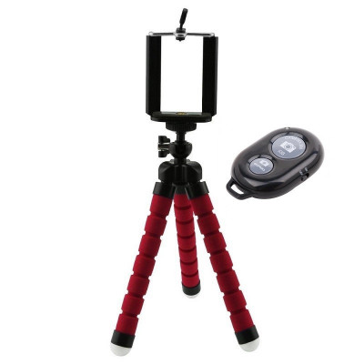 Mini trepied flexibil,filet universal 1 4,suport telefon + telecomanda bluetooth pentru telefon - Rosu foto
