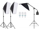 Cumpara ieftin Kit 3 softbox, macara pentru prindere si 3 becuri foto 150W, Negru, Oem