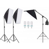 Kit 3 softbox, macara pentru prindere si 3 becuri foto 150W, Negru