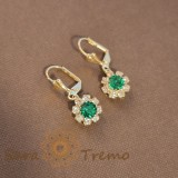 Cercei placati cu aur 18K, cristale zirconia verde+albe in forma de floare