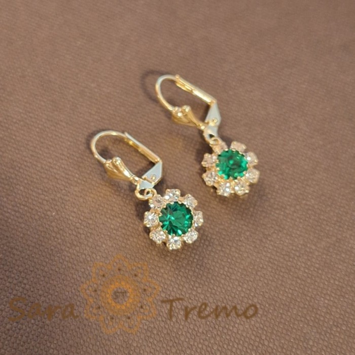 Cercei placati cu aur 18K, cristale zirconia verde+albe in forma de floare