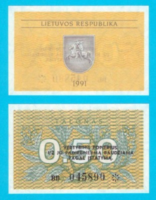 Lituania (p#31) 0.5 Talonas 1991 UNC &amp;#039;&amp;Icirc;nlocuitorul Rublei Sovietice&amp;#039; serie: BD 045890 foto