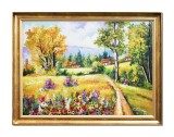 Cumpara ieftin Tablou inramat peisaj cu flori colorate pictat manual, Colt de rai, 70x50cm ulei pe panza, Constantin Feraru