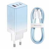 GaN 2x &icirc;ncărcător de rețea GaN USB-C/USB 65W QC PD + cablu USB-C 100W Baseus albastru de 1m