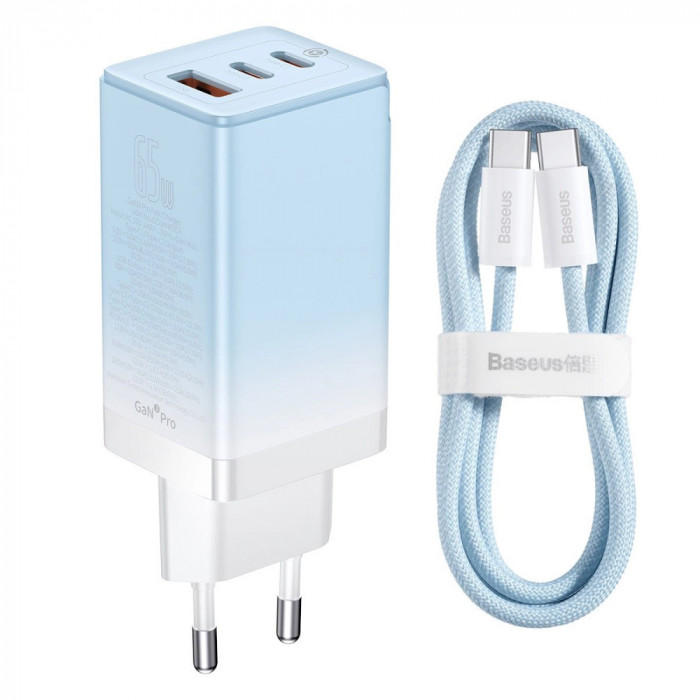 GaN 2x &icirc;ncărcător de rețea GaN USB-C/USB 65W QC PD + cablu USB-C 100W Baseus albastru de 1m