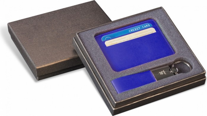 Set card holder si breloc piele naturala albastru