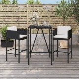 vidaXL Set mobilier bar de grădină cu perne, 3 piese, negru, poliratan