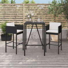 vidaXL Set mobilier bar de gradina cu perne, 3 piese, negru, poliratan foto