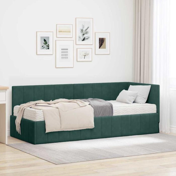 vidaXL Cadru de pat colțar cu saltea Verde &icirc;nchis 80 x 200 cm Catifea 3393840