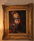Ulei pe p&acirc;nză o lucrare veche după celebra pictură &bdquo;Omul cu cască de aur&rdquo;atribuită anterior lui Rembrandt