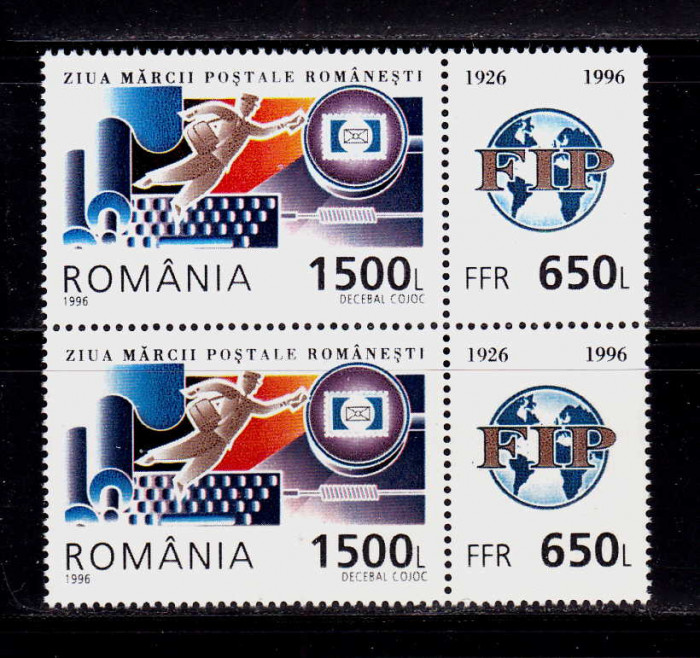 RO 1996 ,LP 1418 a , &quot;Ziua marci postale rom. &quot;, pereche V serie + vinieta ,MNH