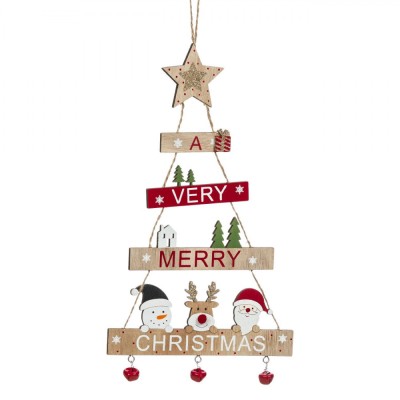 Ornament Brad Crăciun, Model Suspendabil, Lemn, Mesaj &amp;quot;A Very Merry Christmas&amp;quot;, Figurine Moș Crăciun, Om de Zăpadă, Ren, Clopoței Metalici Roșii, 17.3 foto