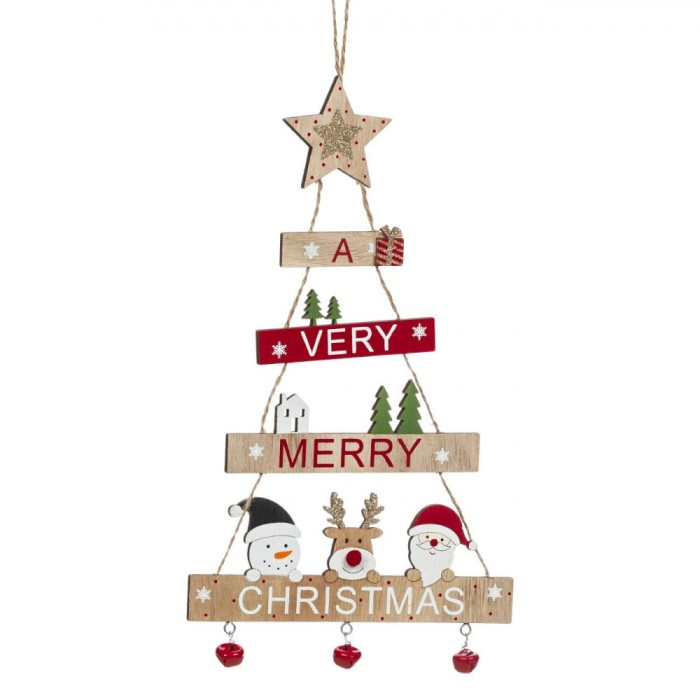 Ornament Brad Crăciun, Model Suspendabil, Lemn, Mesaj "A Very Merry Christmas", Figurine Moș Crăciun, Om de Zăpadă, Ren, Clopoței Metalici Roșii, 17.3