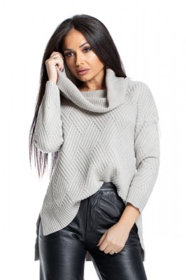 BL1000-18 Pulover tricotat, cu model, fante pe lateral si guler inalt foto