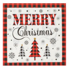 șervețele de Masă, Model &quot;Merry Christmas&quot;, Carouri cu Brazi, 33x33cm, Set 20 Bucăți, Alb/Roșu, 2 Straturi