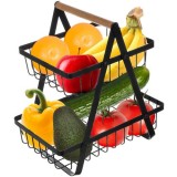 Coș Fructe și Legume pe 2 Nivele, Metal Negru, Stil Loft, cu M&acirc;ner din Lemn