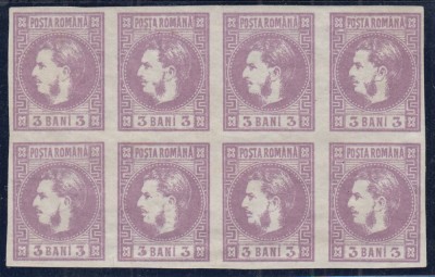 ROMANIA 1868 LP 22 CAROL CU FAVORITI 3 BANI VIOLET BLOC REPORT BLOC 8 TIMBRE POINCON GUMA ORIGINALA MNH/SARNIERA foto