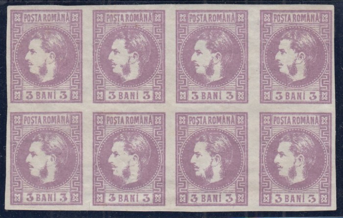ROMANIA 1868 LP 22 CAROL CU FAVORITI 3 BANI VIOLET BLOC REPORT BLOC 8 TIMBRE POINCON GUMA ORIGINALA MNH/SARNIERA