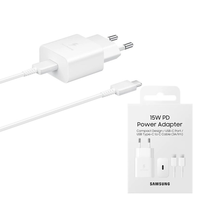 Incarcator Samsung tip C + cablu Type-C 15W, alb, EP-T1510XWEGEU, blister