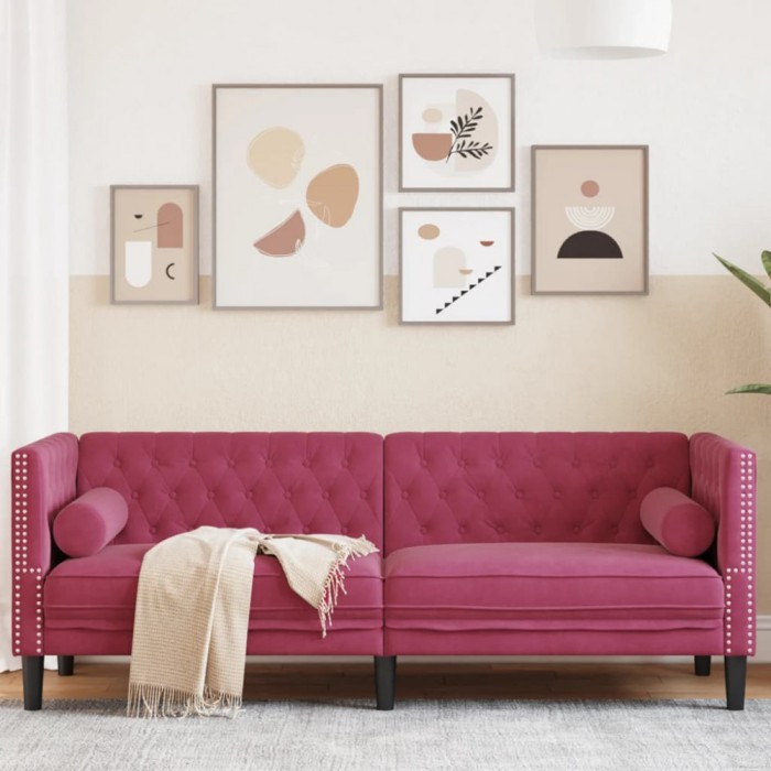 Gossi canapea chesterfield cu pernute/3 locuri, rosu vin, catifea