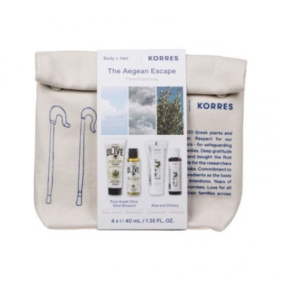 Gel de duș și cremă de corp Korres The Aegean Escape Travel Essentials cu flori de măslin + șampon și balsam cu aloe vera și dictam 4x40ml foto