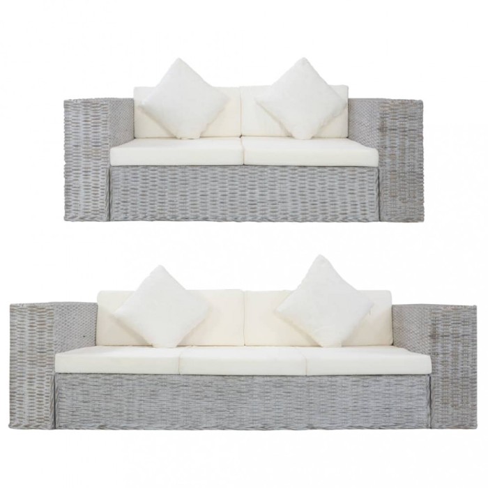 Set de canapea cu perne, 2 piese, gri, ratan natural