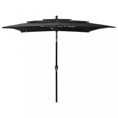 Umbrelă de soare 3 niveluri, stâlp aluminiu, negru, 2,5x2,5 m