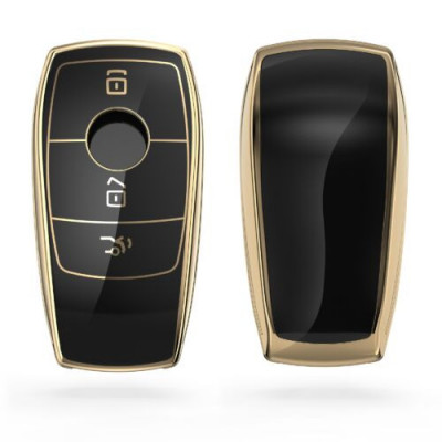 Husa Cheie Auto pentru Mercedes Benz, Smart Key, Kwmobile, Silicon, Negru/Gold, 56003.01 foto