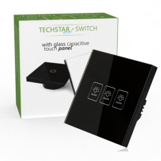 Intrerupator Touch Techstar® TG02, Sticla Securizata, Design Modern, Iluminare LED, 3 Faze, Negru