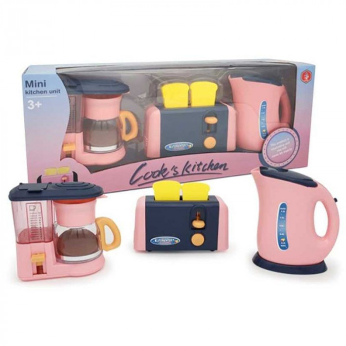 Set aparate casnice, filtru cafea, fierbator, prajitor paine de jucarie, multicolor, 3 ani+