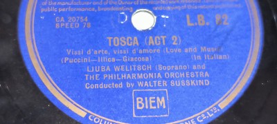 PLACA PT GRAMOFON PATEFON - COLUMBIA - TOSCA - LA BOEHME foto