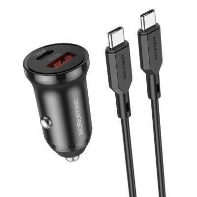 Incarcator auto Borofone BZ18A pentru telefon sau tableta - USB, TYPE C - PD 20W QC 3.0 18W cu cablu tip C la tip C inclus, negru foto