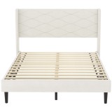 HOMCOM Pat Tapițat 140x200 cm cu Tăblie Căptușită cu Aripi din Catifea Lamele din Lemn Asamblare Ușoară Bej | Aosom Romania