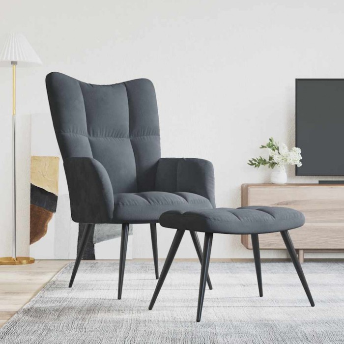 vidaXL Scaun de relaxare cu taburet, gri &icirc;nchis, catifea 328085