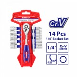 Set Tubulare cu Clichet 1/4&quot; EMTOP ESKT14141, 14 Componente, 12 Prize 4-14mm, Maner Clichet 45T, Bara Extensie 100mm, Otel CR-V de Inalta Calitate, Pl