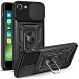 Husa telefon compatibila iphone 7 / 8 / se 2, se 2020 / se 3, se 2022, slide &amp; snap premium, magnetic ring holder, popgrip, anti-shock, negru