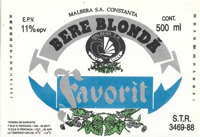 NI459 Etichetă bere blondă Favorit, Malbera SA Constanța, &icirc;nceputul anilor 1990