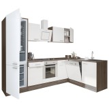 Mobilă de bucătărie de colț Yorki 280, corp din stejar Yorki, față alb satinat, element inferior cuptor, dulap frigider inferior cu dedurizator de apă